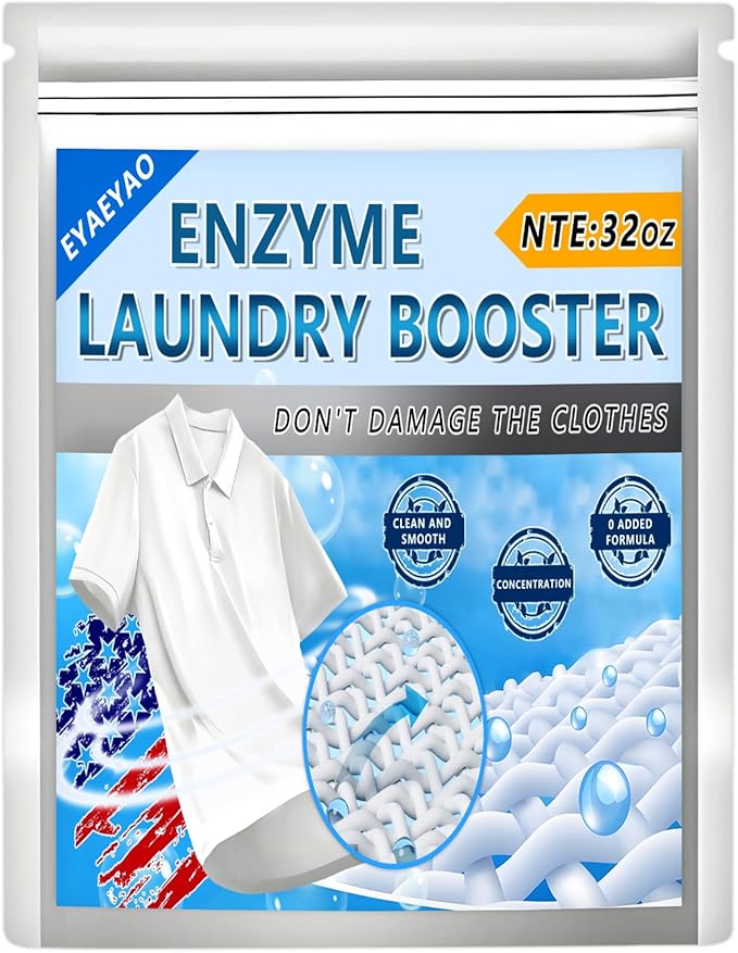 Enzyme Laundry Booster Odor Remover - 2 lbs Enzymatic Clothes Stain Cleaner Powder, Natural Deodorizer with Bio Active Enzymes, Detergent Additive Eliminator for Sweat, Oil, Blood - 68 Loads (32 oz)