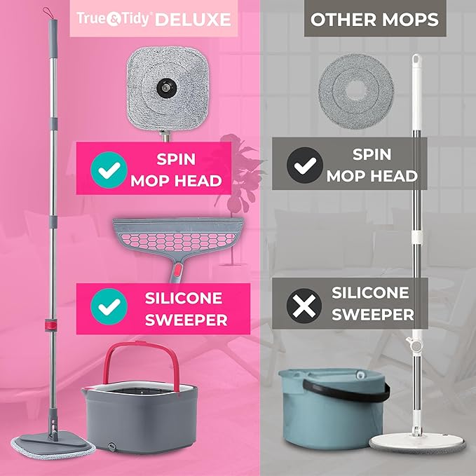 True & Tidy Spin Mop and Bucket System Deluxe with Silicone Sweeper Mop Head and 4 Machine Washable Microfiber Mop Pads