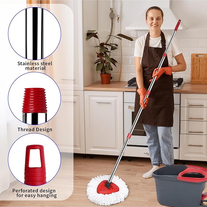 Mop Replace Heads Mop Handle Base Replacement Compatible with O Cedar EasyWring 1-Tank Spin Mops System, 2 Microfiber Mops Head Refills, 4-Section Handle 30-58in and 1 Cover Set(No Bucket)