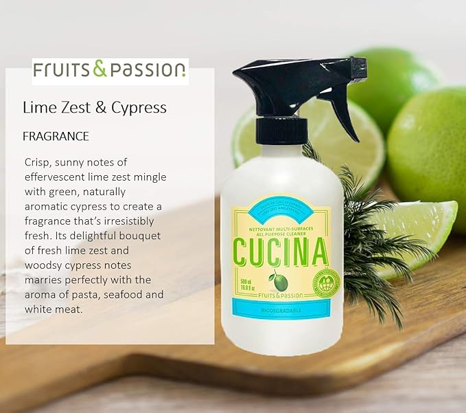 Fruits and Passion Cucina Biodegradable Water Based All Purpose Cleaner Household Multi-Surface Spray Bottle Cleaner 500 Milliliter (Lime Zest and Cypress)