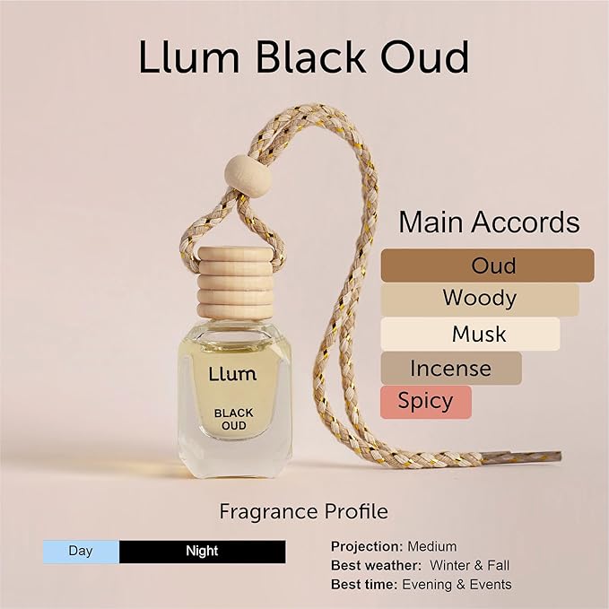 Llum Black Oud Hanging Car Air Freshener – Luxury Automotive Perfume Diffuser 10ml (0.34 fl oz), Long-Lasting Fragrance, Alcohol-Free Non-Toxic Car Scent, Glass Bottle With Wood Cap & AC Vent Clip