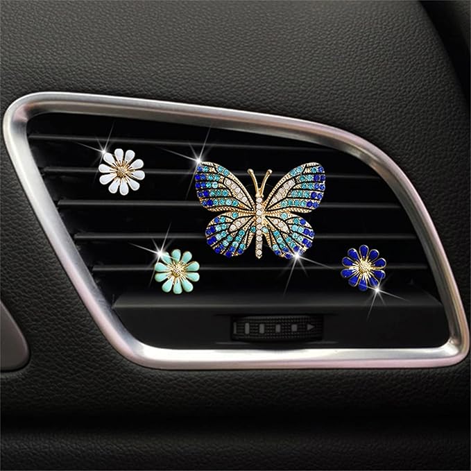Bling Butterfly Car Clip Decor Interior，Cute Car Vent Clips Dashboard Decorations, Car Accessories Air Aromatherapy Vent Clip,Car Air Freshener Vent Clips, Rhinestone Car Accessories for Girls Womens Car Interior Decoration Cute Set (Blue Butterfly + 3...