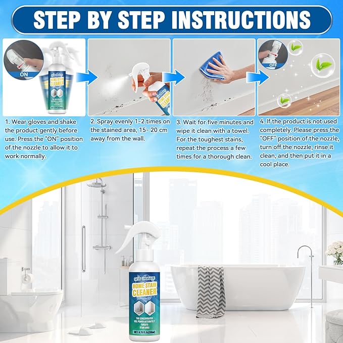 Powerful Mold Stain Cleaner, Multi-Surface Cleaning Spray for Walls, Tiles, Grout, Ceilings, Decks, Sinks, Brick and Washing Machines, Household Interior and Exterior Stain Remover