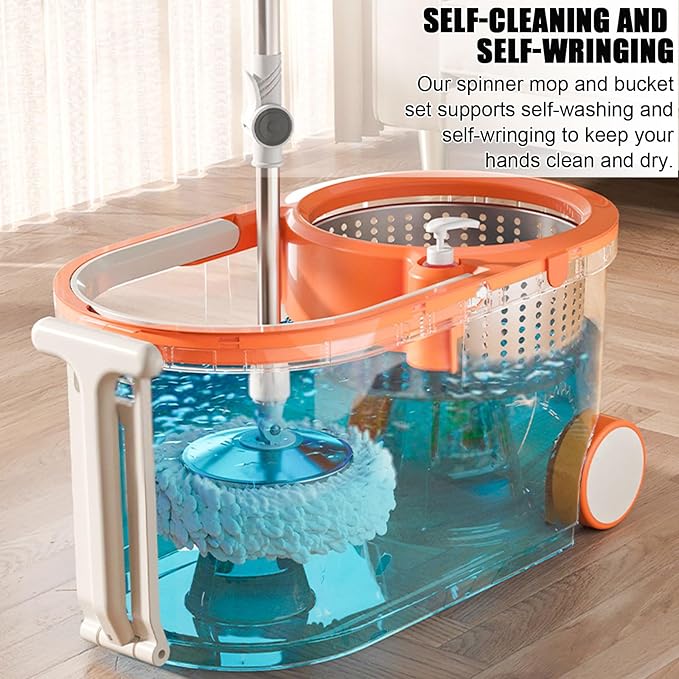 Spin Mop and Bucket with Wringer Set, Mops with 4 Replacement Washable Microfiber Mop Pad Heads Refills, Easy Moving with Wheels for Home Floor Cleaning