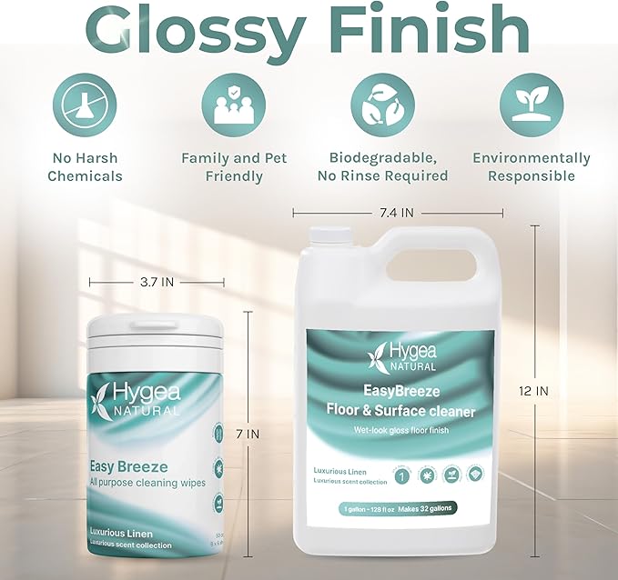 Hygea Natural EasyBreeze Ultimate Cleaning Bundle - PH Neutral Floor & Hard Surface Cleaner with All-Purpose Wipes - Luxurious Linen Scented (1 Gallon Floor Cleaner, 50 ct. Wipes)
