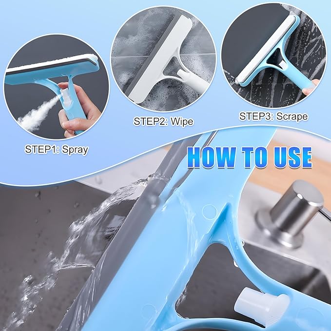 3 in 1 Window Cleaning Scraper, Cleaner Window Squeegee with Sprayer, Squeegee and Scrubber Spray Bottle Window Squeegee for Shower Glass, Mirrors, Car and Home,All-Purpose Window Cleaner Tool(White)