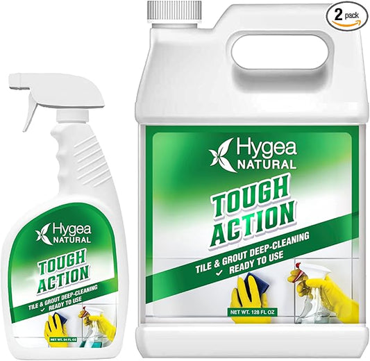 Hygea Natural Tough Action Tile & Grout Cleaner Duo - Deep Cleans Dirt & Scum & Enhances Stone Color - Acid-Free & Residue-Free Biodegradable Formula (24 oz Spray & Ready to Use Gallon Refill)