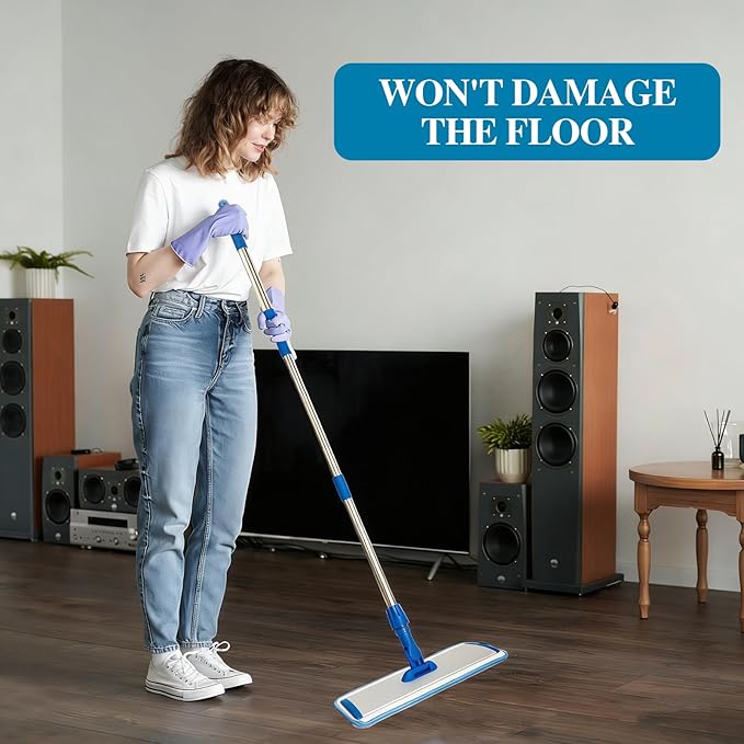 17.5'' Microfiber Mop for Floor Cleaning-Blue Flat Floor Mop with 58'' Stainless Steel Handle- 4 Reusable Washable Replacement Pads-Wet & Dry Use for Hardwood Tile Laminate-Home Kitchen Bathroom