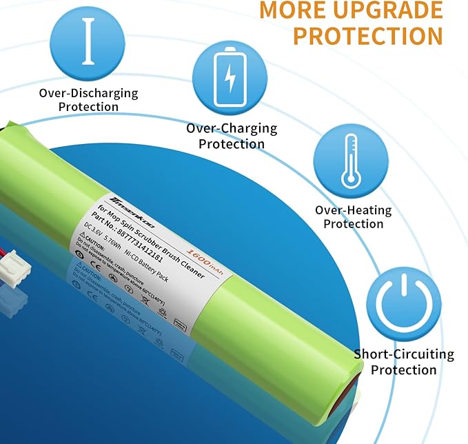 Upgraded 1600mAh Battery Replacement for Hurricane Spin Brush Scrubber Mop Cleaner Spin-Scrubber Bathtub Part No. 8877731412181
