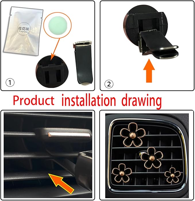 4PCS Daisy Flower Air Vent Clip Air Conditioning Outlet Clip Car Air Freshener Clip Car Interior Decor Charm Colorful Car Interior Accessories for Girls Women (Black)
