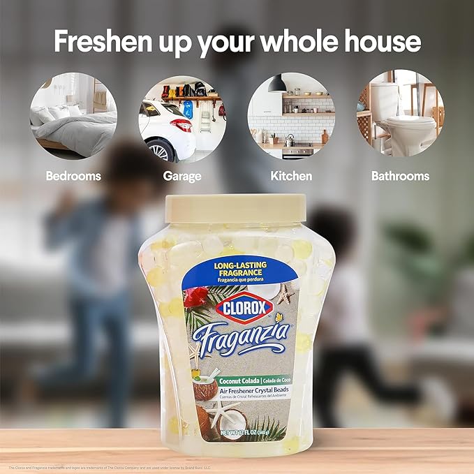 Clorox Fraganzia Crystal Beads Air Freshener, Long Lasting Room Deodorizer and Odor Eliminator Gel Beads to Freshen Home, Car, or Office, Coconut Colada Scent, 12 Fl Oz - 12 Pack
