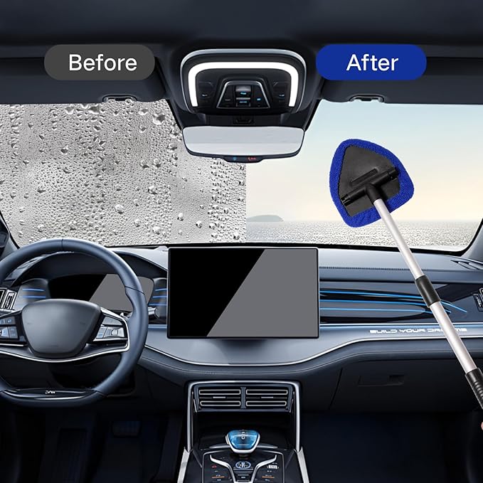 10pcs Windshield Cleaner Tool, Car Window Cleaning Wash Kit with 4 Reusable Microfiber Pads 1 Spray Bottle and Extendable Handle Auto Glass Wiper Kit, Blue