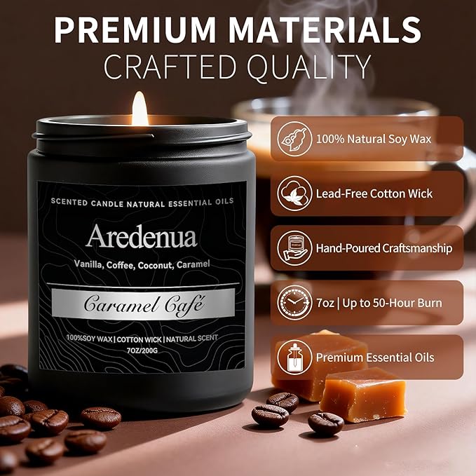 Caramel Coffee Candle | Soy Scented Candles for Home & Office, 50H Clean Burn, Non-Toxic Soy Wax with Cotton Wick – Aromatherapy Candle for Men & Women, Cozy Coffee & Caramel Scent