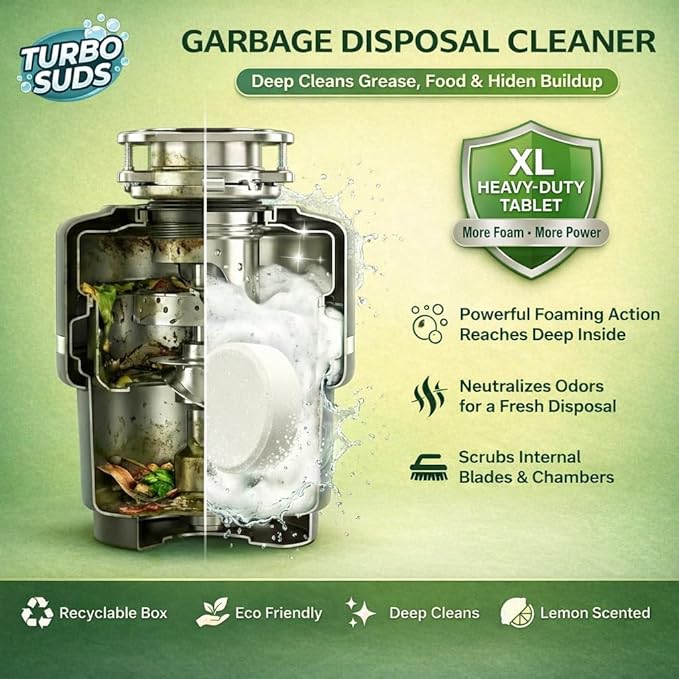 Garbage Disposal Cleaner Deodorizer Tablets – Heavy Duty XL Foaming Tablet for Kitchen Sink Drains and Disposals – Natural Sink and Disposal Cleaning Tablet – 12 XL Tablets, One Year Supply