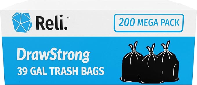 Reli. 39 Gallon Trash Bags Drawstring (200 Count Bulk) Large 39 Gallon Heavy Duty Drawstring Trash Bags - Black Garbage 39Gal Capacity, Lawn Leaf (39Gal)