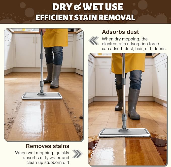 17.7" Microfiber Mop for Floor Cleaning, 59in Long Adjustable Stainless Steel Handle, 360° Rotating Large Flat Mops, 4 Washable Pads for Dry & Wet Cleaning for Hardwood, Vinyl, Laminate, Grey