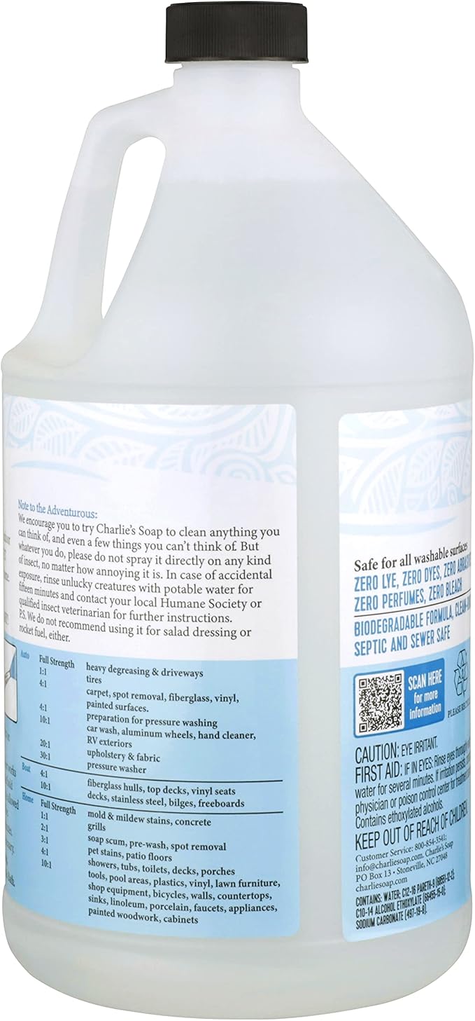 Charlie's Soap Indoor-Outdoor Surface Cleaner with Pump (1 Gallon, 1 Pack) - Hypoallergenic, Biodegradable, Multi-Surface Use