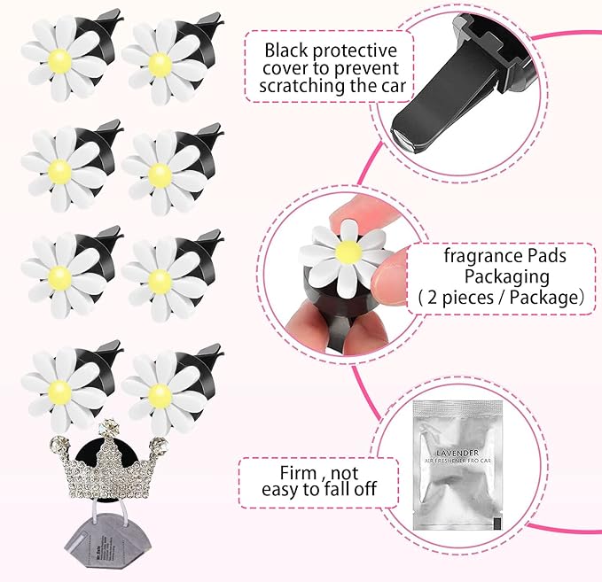 Daisy 8-Piece Car Accessory Set - Air Vent Clips, Cute Air Fresheners, Dashboard Clip, Car Diffuser Vent Clip & Mask Hook (White)