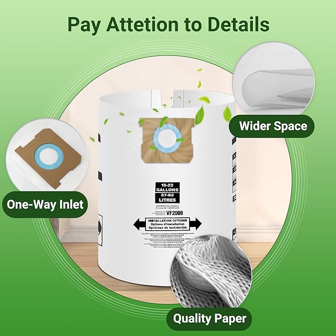 3 Pack Vacuum Bags Replacement for Shop Vac Bags 15-22 Gallon Type G 90663 9066300 Type J 90673 9067300 and VF2008, PETOX High-Efficiency Disposable Vaccum Collection Filter Bags