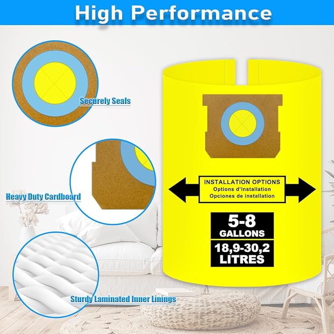 5-8 Gallon Bags for Shop Vac 5, 6, 8 Gallon, 90661, 90671, Type E, Type H, VF2004, VHBS, VDBS, 9066100, 9066133, 9067100 Vacuums, High-Efficiency Disposable Collection Filter Bag, Double Layer, 6 pack