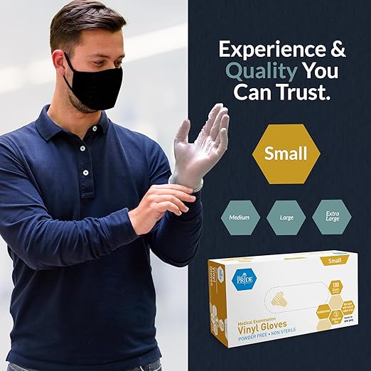 MED PRIDE Disposable Medical Grade Vinyl Exam Gloves, Latex & Powder Free, Ultra-Strong, for Healthcare & Food Handling (sMALL (Pack of 100) 100 Clear)