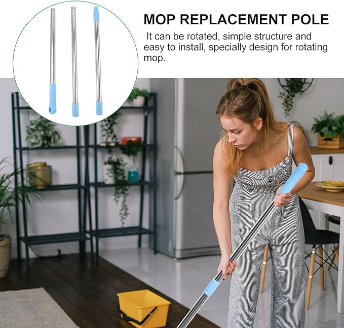 Stainless Steel Mop Rod Replacement Detachable Threaded Broom Handle for Floor Cleaning Rust-Resistant Pole with Hook for Easy Suspension Compatible with Spin Mops and Brooms