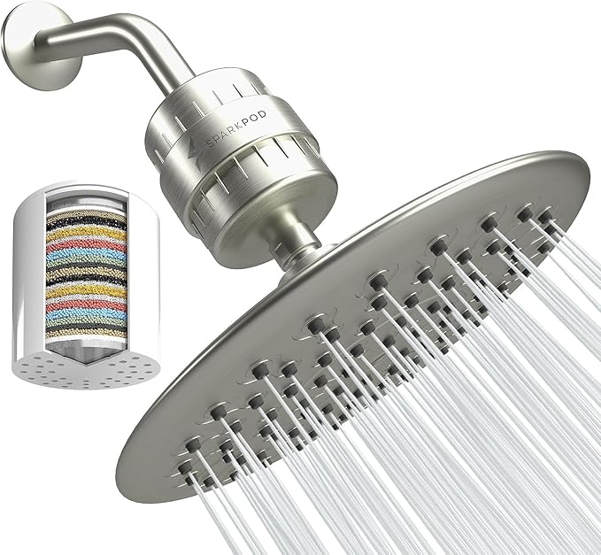 SparkPod Luxury Filtered Shower Head Set 23 Stage Shower Filter - Reduces Chlorine and Heavy Metals - High Pressure Showerhead Filter (9.5" Round, Elegant Brushed Nickel)
