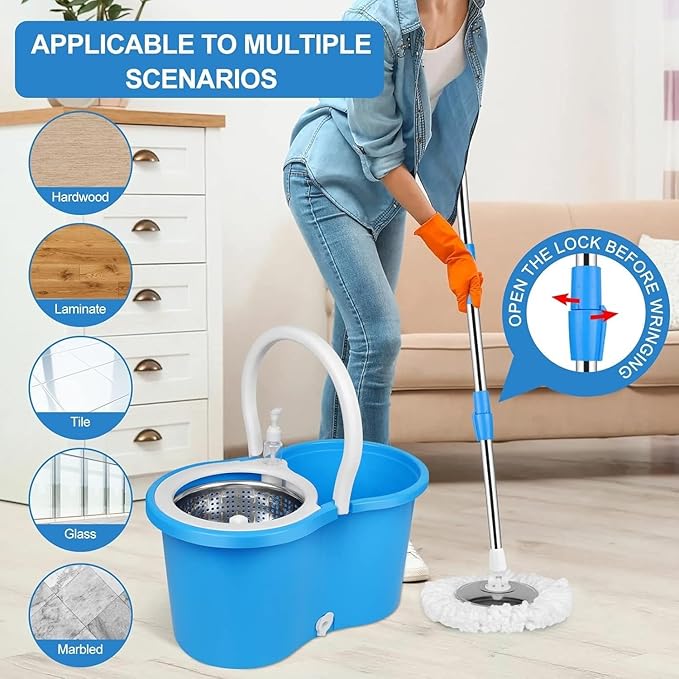 360° Spin Mop and Bucket System with Wringer - 61" Stainless Steel Handle & 3 Microfiber Refills, Self-Cleaning Floor Mop for Tile, Hardwood, Laminate Floors (Blue and White)