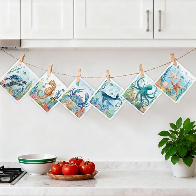Mixed Ocean Animal Swedish Kitchen Dishcloths Dish Towels 6 Pack, Dish Towels for Kitchen, Swedish Dishcloth with Octopus, Paper Towels Reusable, Dish Cloth Towel Cleaning Wipe for Home Party