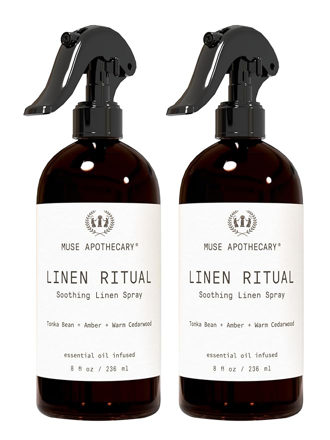 Muse Apothecary Linen Ritual - Aromatic, Soothing, and Relaxing Linen Mist, Laundry and Fabric Spray - Infused with Aromatherapy Essential Oils - 8 oz, Tonka Bean + Amber + Warm Cedarwood, 2 Pack