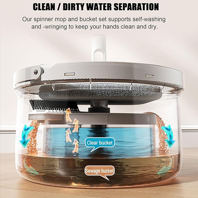 Spin Mop and Bucket with Separate Dirty and Clean Water, 360° Spin Mop and Bucket System, 3 Replaceable Mop Pads, Square Mop for Floor Hardwood Tile Marble Wall Cleaning