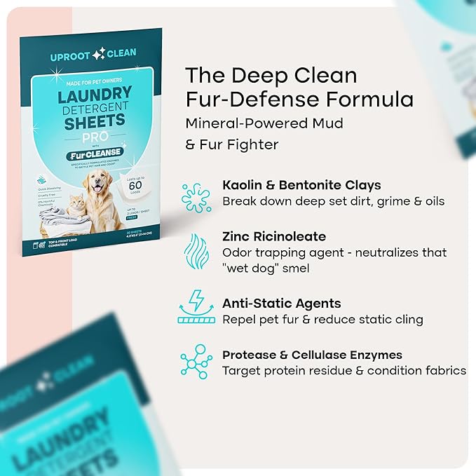 Uproot Clean Laundry Sheets Pro - 30 Pack - Fresh Scent: Mineral-Powered Laundry Detergent Sheets Travel Pack - Eliminate Clinging Fur, Pet Odors, & Messy Residue - Up to 60 Loads