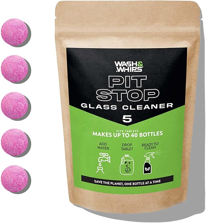 WASH&WHIPS Glass Cleaner Tablets (Makes 5 Gal/20L/40 Bottles) - Streak-Free, Cleans Glasses, Windows, Windshields - Car, Office, Home & Kitchen (5 count, Pink Tablets)