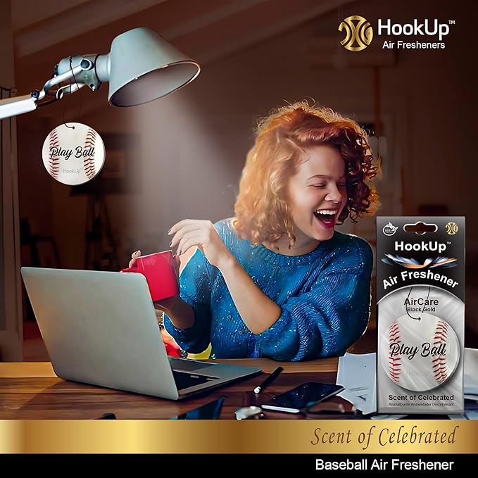 Baseball Car Air Freshener by HookUp - 4 Pack - Black Gold Scent (Extra Strong) | Unique Baseball Gift for Players, Coach, Fans | Hanging Car Accessory with Long Lasting Fresheners Smell
