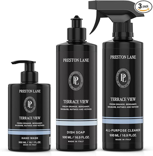 Preston Lane Luxury Kitchen Set – Hand Wash, Dish Soap & All-Purpose Cleaner | Plant-Powered Cleaning Essentials Bundle with Fine Italian Fragrance, Terrace View Scent