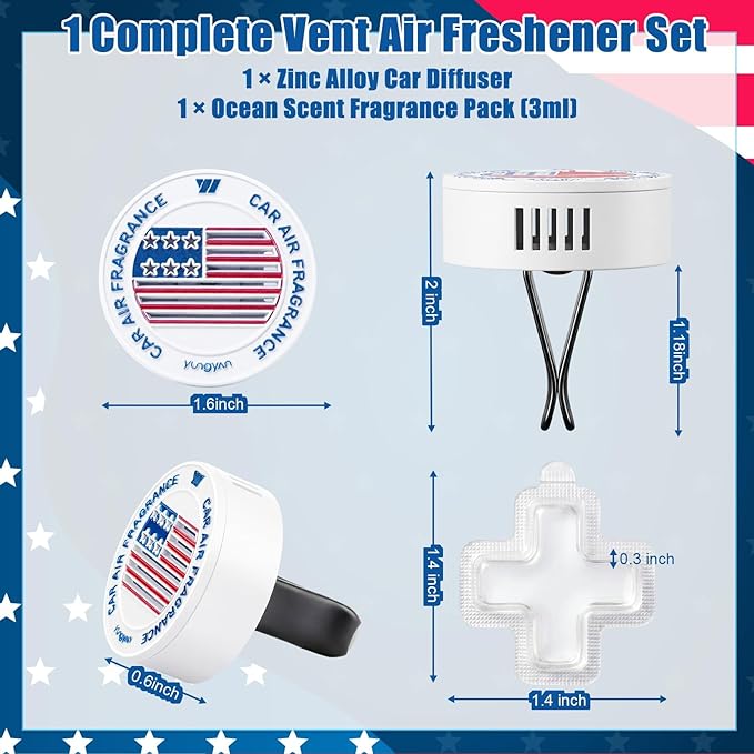Yungyan Car Air Freshener Vent Clip, American Flag Diffuser Clip for Car, Patriotic Accessories for Memorial Day, Zinc Alloy Aromatherapy Vent Mountfor Vehicle Interior, Ocean Scent