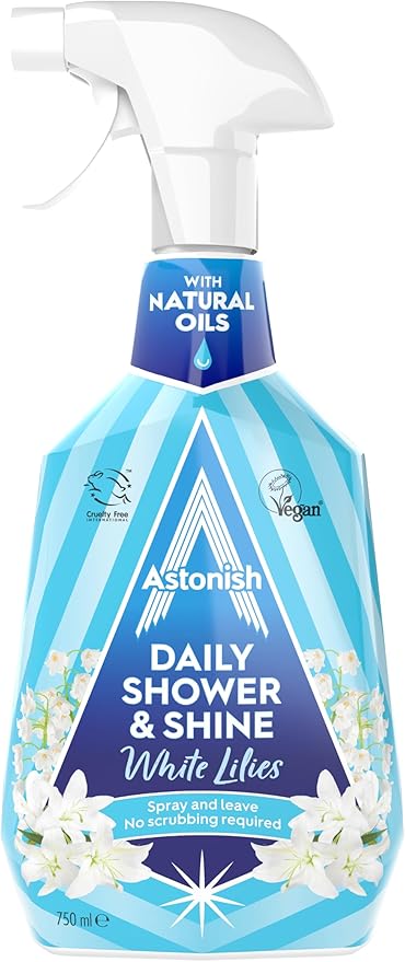 Astonish Daily Shower Shine White Lilies Cleaning Spray - No Scrub After Shower Spray Foam Prevents Watermarks & Limescale Buildup - Vegan Cruelty-Free Household Cleaning Products, 750ml Spray Bottle