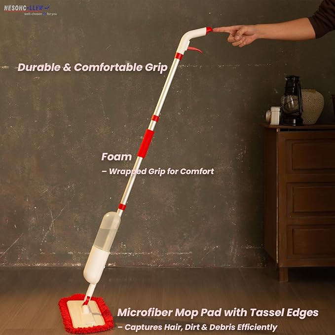 Spray Mop for Floor Cleaning with 2 Microfiber Pads Featuring Tassel Edges, Lightweight Aluminum Handle, and Even Spray Nozzle for Efficient Cleaning