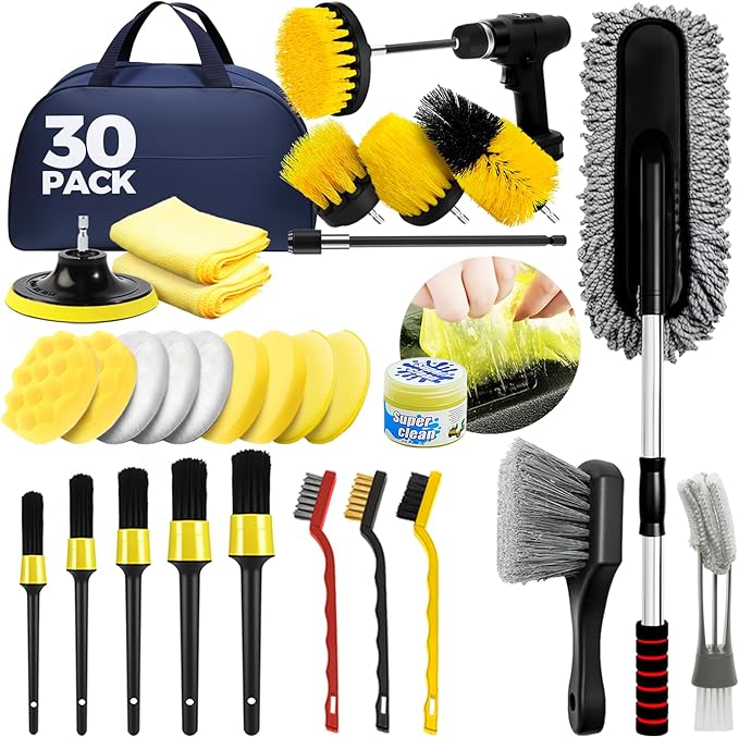 30Pcs Car Detailing Kit, Car Detailing Brush Set, Car Wash Cleaning Kit, Car Dusters Extendable Handle Cleaning Exterior, Car Cleaning Gel, Car Cleaning Tools Kit for Interior, Exterior, Wheels