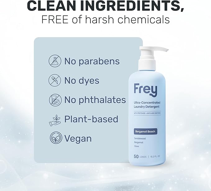 FREY Laundry Care Bundle: Concentrated Natural Laundry Detergent + Fabric Softener, Sandalwood, Bergamot, and Clove Scent, HE-Compatible