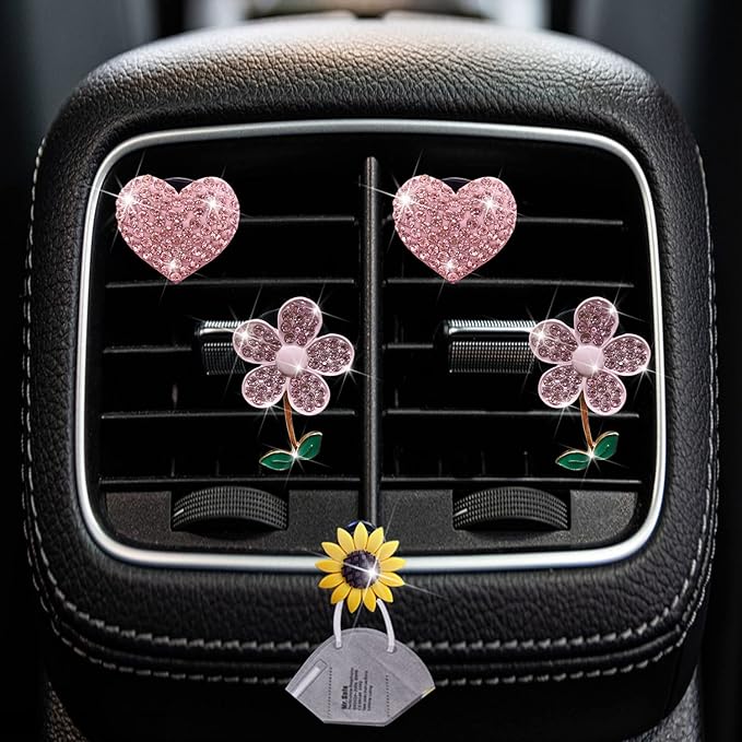 Bling Pink Daisy Car Air Fresheners with 4 Heart Vents Clips for Women's Carr deco + Mask Hook
