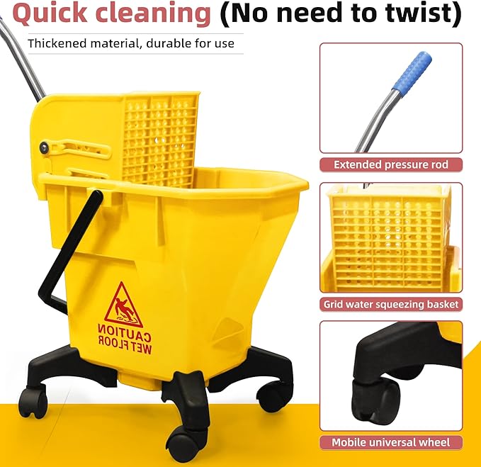6.6 Gallons Mop Bucket with Wringer - Non-Tip Design & Heavy-Duty Plastic, Spin Mop System for Hardwood Floors, Space-Saving Single Bucket (Yellow, 6.6 Gallons)