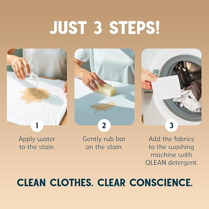 QLEAN Vegan Stain Remover Bar for Fabrics, Laundry Bar Soap for Clothes – Plant-Based, Travel-Friendly Stain Remover for Grease, Wine, Coffee, Grass & More – Non-Toxic & Safe for Delicates (1)