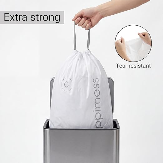 happimess 13.2 Gallon (50L) Drawstring Trash Bags, Unscented, White, Heavy Duty LDPE Liners for Kitchen and Household, Custom Fit 120 Count (6 Packs of 20 Liners) HPM3000C-W-6SET