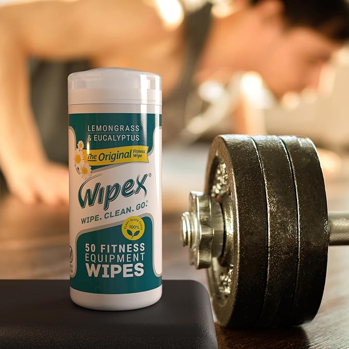 Wipex Fitness Equipment Wipes - EWG Verified - 50 Ct Original Natural Plant Based Gym Wipes for Equipment, Clean Surfaces at Home or Gym, Use as a Yoga Mat Cleaner, Lemongrass, Eucalyptus & Vinegar