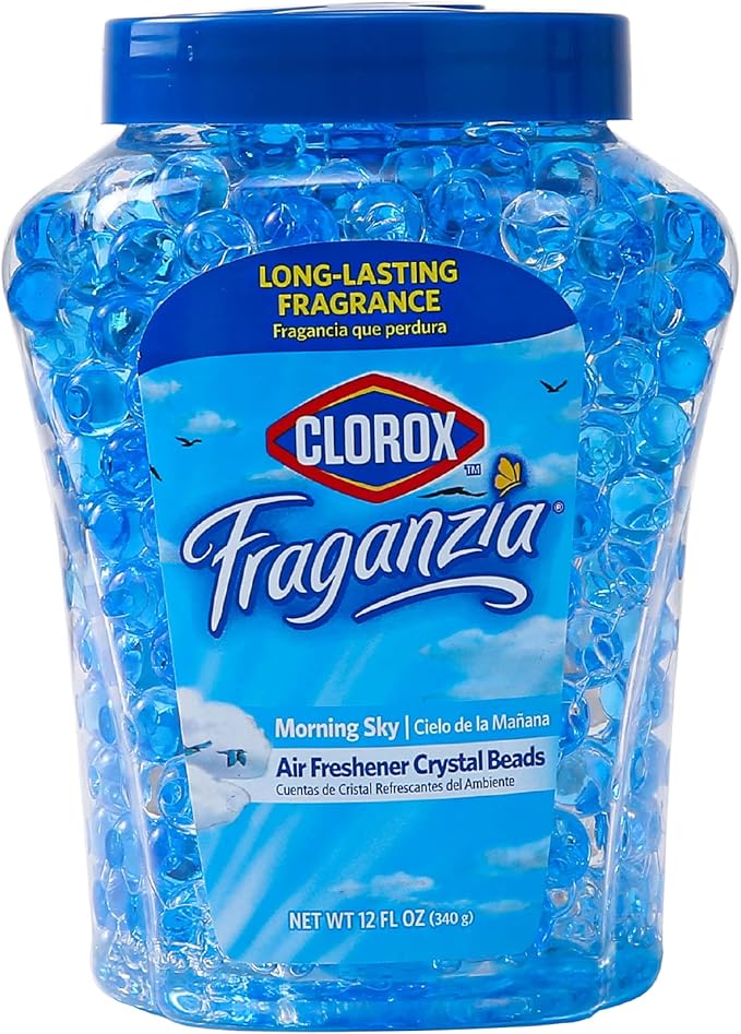 Clorox Fraganzia Crystal Beads Air Freshener, Long Lasting Room Deodorizer and Odor Eliminator Gel Beads to Freshen Home, Car, or Office, Morning Sky Scent, 12 Fl Oz - 12 Pack