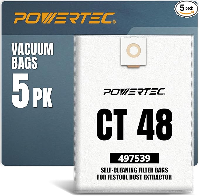 POWERTEC 497539 Selfclean Filter Bags for Festool CT48 Dust Extractor, Vacuum Bags for Festool CT48, 5 Pack (75055)