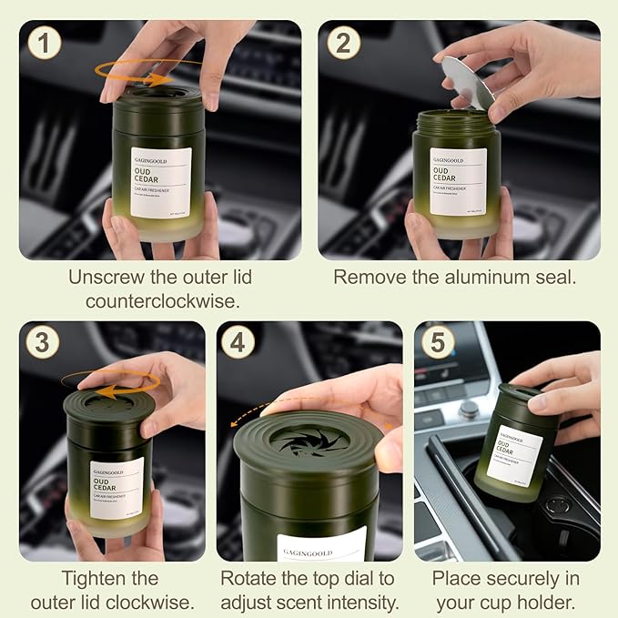 Car Air Freshener, Sandalwood Rose Scent Diffuser with Rotating Cap for Adjustable Fragrance Intensity, Gel Odor Eliminator for Home Car Bathroom, Every 6.4 oz Lasts 90 Days, 2 Pack, Green
