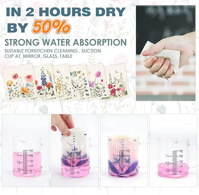 Morigins Wildflowers Butterflies Swedish Kitchen Dishcloths Reusable Sponge Cleaning Cloths Absorbent Dish Cloth Quick Drying Washable Cleaning Wipes 6pcs