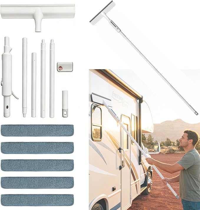 RV Window Cleaning Squeegee with Spray, Max 73.3" Handle, Motorhome & Camper Exterior Glass Cleaner, 3-in-1 Spray Mop for High Windows, Home & Car
